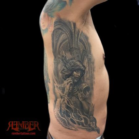 Rember - Surrealistic black and grey portrait on ribs